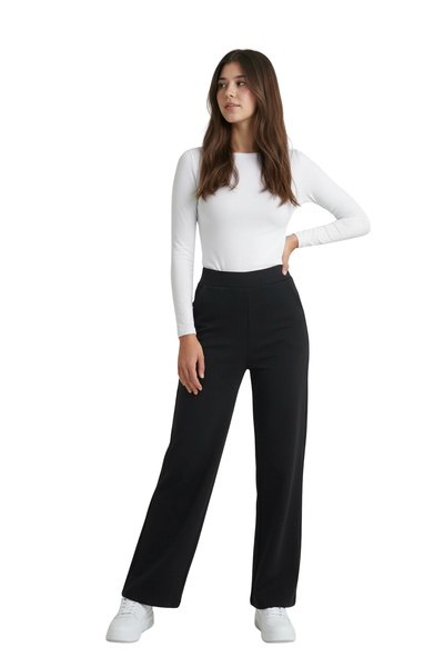 ModaAzen Black High Waist Lycra Straight Cut Women's Palazzo Trousers with Pockets