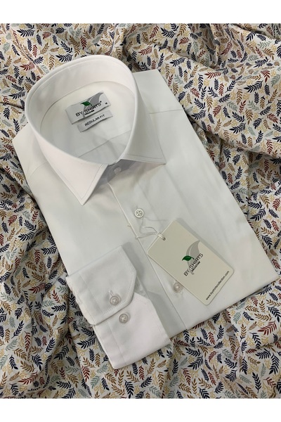by shirts collection Ανδρικό λευκό βαμβακερό σατέν πουκάμισο κανονικής εφαρμο...