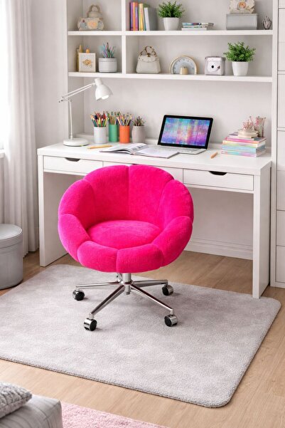 KOKİ DESİGN Papatya Fuşya Peluş Kumaş Krom Ayaklı Çalışma Sandalyesi ve Ofis ...