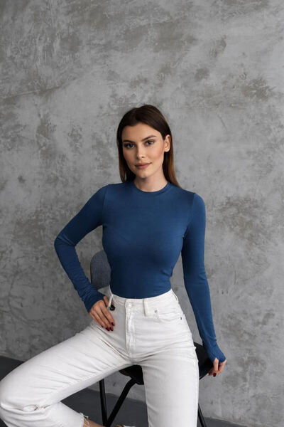 Royteks Fashion Kadın PETROL Mavi Bisiklet Yaka Uzun Kollu Slim Parmak Geçme ...