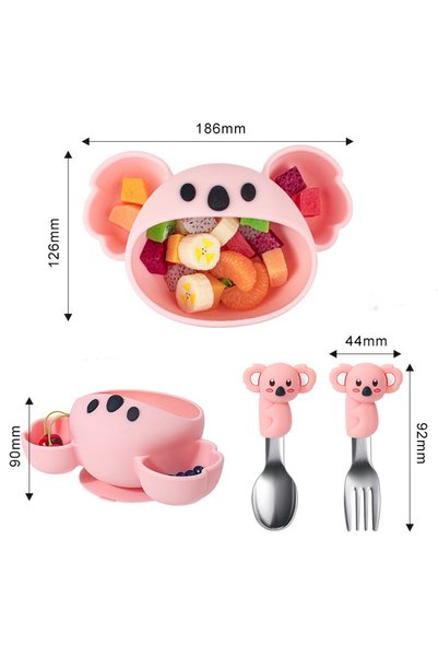 jojobebek Pink Koala Premium Kids Vacuum Silicone Feeding Bowl, Stainless Steel Fork and Spoon 9+ Months