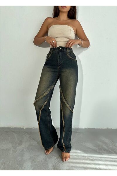 DENİKK Тренд дънкови панталони със специален дизайн, висока талия, избелен еф...