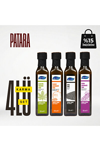 PATARA: Kenevir Tohumu+Kabak Çek.+Chia Tohumu+Üzüm Çek. Yağı 250 Ml. X 4 Adet Soğuk Sıkım