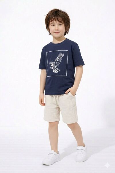 WİKİBOOM Eagle Printed Muslin Shorts and Top Summer Boy's Set