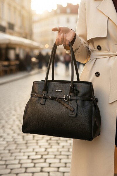 enoch Women's Black Leather Belt and Buckle Detailed Faux Leather Look Handbag