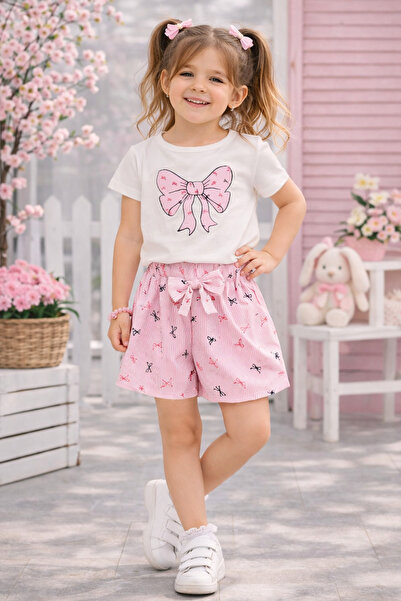 kahkaha kids Κοριτσίστικο μπλουζάκι με στάμπα φιόγκου και ροζ ριγέ σορτς – Κα...