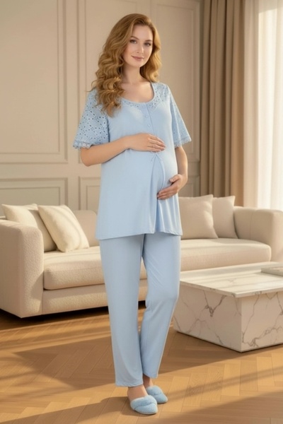Lohusa Dünyasi Kadın Fisto Dantelli 2'Li Lohusa Hamile Pijama Takım Seti