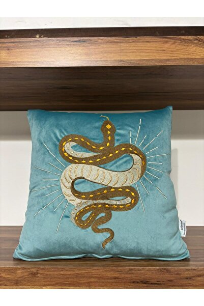 KIRLENTİM Μαξιλάρι με κεντημένο σχέδιο φιδιού σε τιρκουάζ βελούδο - Γεμάτο εσ...