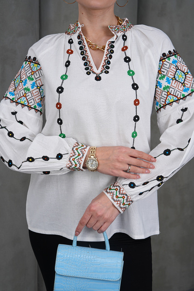 FancyWorld Βαμβακερή μπλούζα με κουμπιά στο λαιμό και κεντημένο γιακά