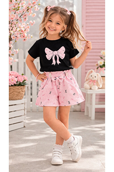 kahkaha kids Κοριτσίστικο μπλουζάκι με στάμπα φιόγκου και ροζ ριγέ σορτς – Κα...