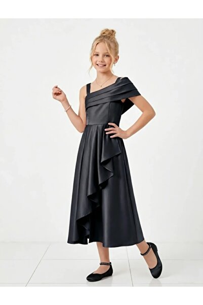 kent of kıds Κοριτσίστικο ασύμμετρο φόρεμα με λαιμόκοψη και βολάν, σατέν μαύρ...