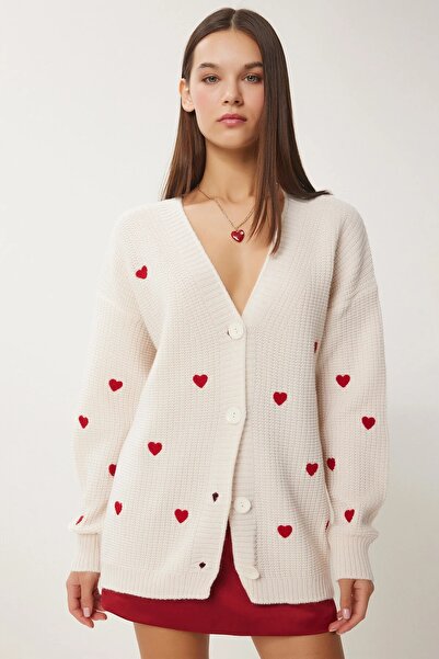 Hazinedan Women's Heart Textured Long Knitwear Cardigan Cream