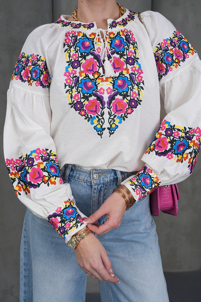 FancyWorld Μπλούζα με κορδόνι στο λαιμό, κεντημένη, με μανίκια μπαλόνια