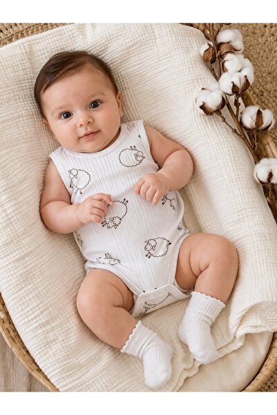 Pure Boutique Λευκό βρεφικό κορμάκι, από ριμπ βαμβάκι, αμάνικο με πρόβατο, κο...