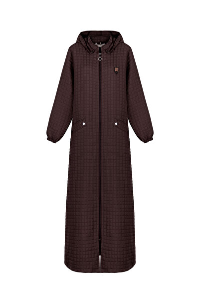 ELÇİNUR 24145 Full Length Woven Quilted Robe with Hood, Seasonal, Stylish, Co...