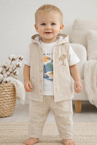 Pure Boutique Βρεφικό καλοκαιρινό σετ 3 τεμαχίων από λινό μπλουζάκι, γιλέκο μ...