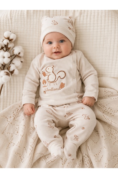 Pure Boutique Σετ μωρού 3 τεμαχίων, μπεζ βαμβακερό με σχέδιο δάσους, μπλούζα,...