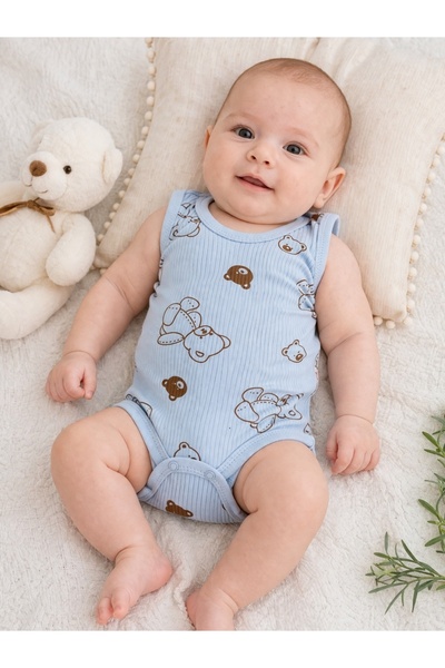 Pure Boutique Γαλάζιο βαμβακερό αμάνικο κορμάκι με στάμπα αρκουδάκι και απαλό...