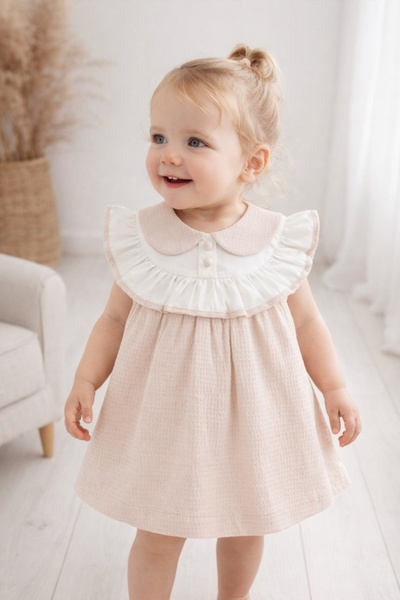 Pure Boutique Κομψό κρεμ κοριτσίστικο φόρεμα με βολάν και κλασικό γιακά