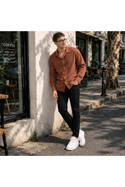 THANBUTİK κοτλέ Σετ Πλεκτό Πουκάμισο και Παντελόνι Τζιν Στενής Γραμμής