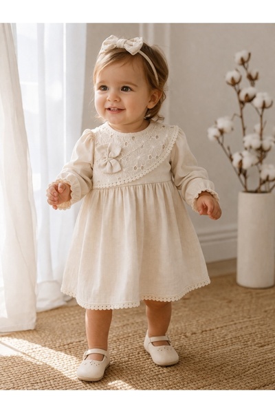 Pure Boutique Βρεφικό φόρεμα κοριτσιού με κομψή κρεμ κορδέλα κεφαλής από μουσ...