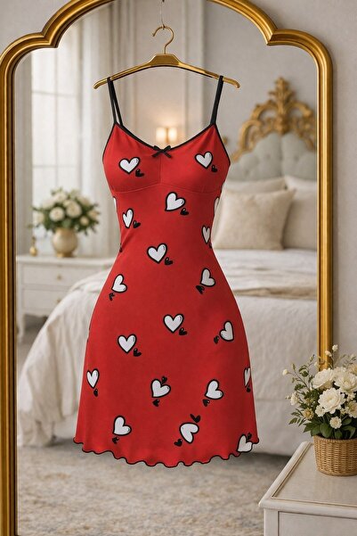 Gece Red and White Heart Patterned Satin Mini Nightgown