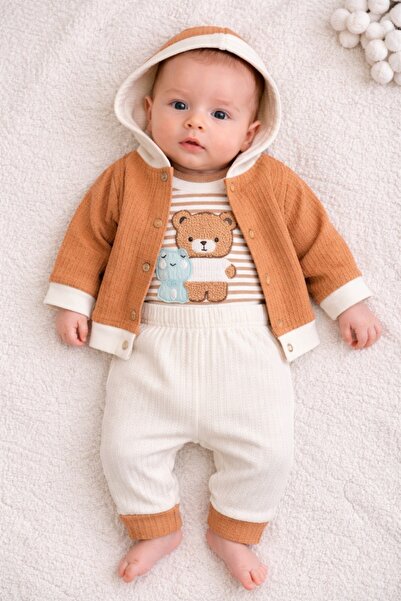 Pure Boutique Baby boy 3-piece cotton set, bodysuit, pants and teddy bear hoodie
