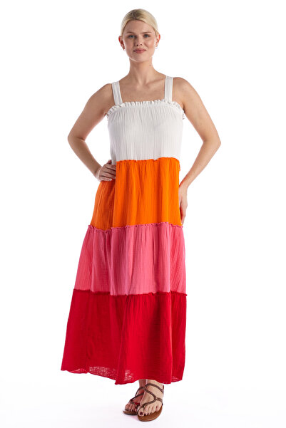 Newbutix Strappy Square Neck Color Layered Red Summer Muslin Long Dress