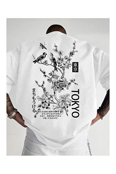 EYAX MODA TOKYO ÇİCEKLER SIRT BASKILI OVERSIZE TİŞÖRT / T-SHIRT
