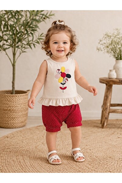 Pure Boutique Baby girl 2-piece cotton flower top and red shorts