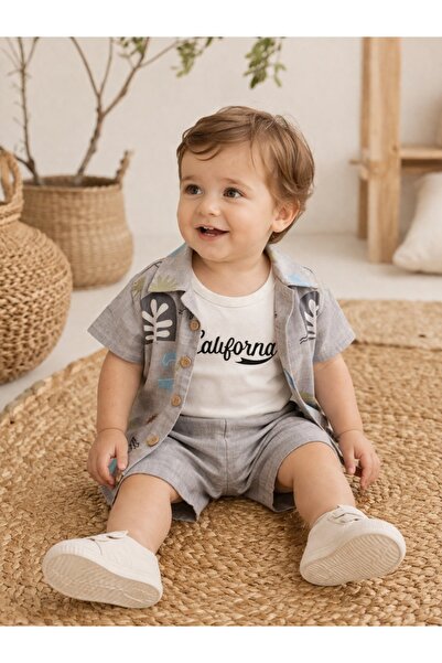 Pure Boutique Baby grey summer set 3 pieces cotton t-shirt shirt and casual s...