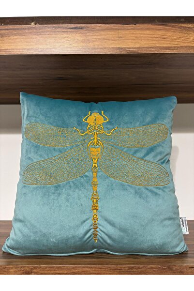 KIRLENTİM Κεντημένο σχέδιο λιβελλούλης σε τυρκουάζ βελούδο μαξιλαροθήκη