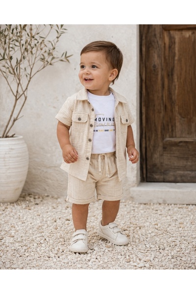 Pure Boutique Βρεφικό αγορίστικο σετ μουσλίνας 3 τεμαχίων, μπλουζάκι και casu...