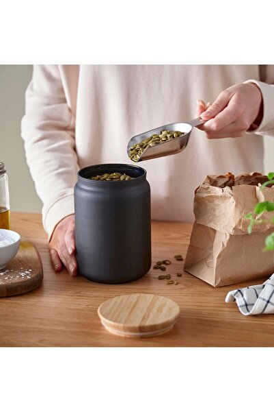 IKEA QUİCK Cam Kavanoz 1 Litre Çay Kahve Kavanozu Bambu Kapak Siyah Renk Yüks...