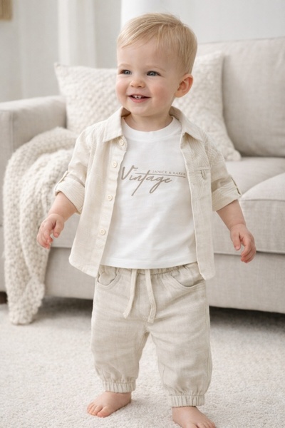 Pure Boutique Αγορίστικο λινό σετ 3 τεμαχίων, μπεζ πουκάμισο, μπλουζάκι και c...