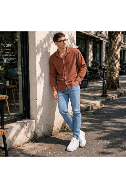 THANBUTİK κοτλέ Σετ Πλεκτό Πουκάμισο και Παντελόνι Τζιν Στενής Γραμμής