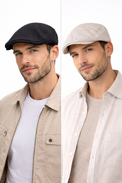 HatClub Exclusive Set of 2 Men's Beanies Black & Beige Elastic Comfortable Fi...