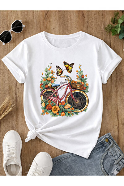 EYAX MODA Unisex Oversize T-Shirt / Tee-Shirt with Butterfly and Bicycle Print