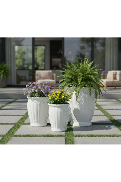 Green Garden طقم احواض زرع سيراميك أبيض مزخرف بتصميم فاخر ثلاثة احجام