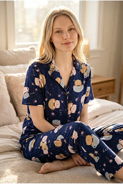 Pijamacs Σετ πιτζάμες με κοντό μανίκι σε σκούρο μπλε χρώμα με χαριτωμένο σχέδ...