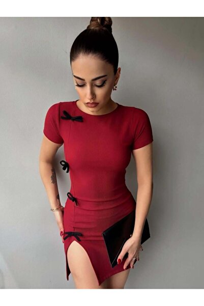iznikten Slit Dress with Ribbon Detail - Red