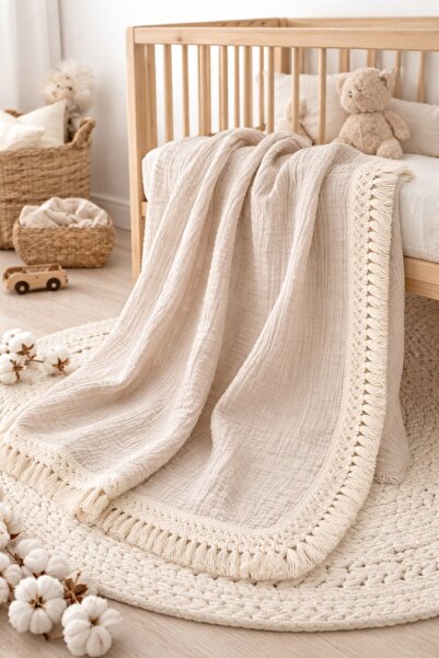Pure Boutique Βρεφική κουβέρτα 90x90 εκ. από βαμβακερή μουσλίνα, κρεμ, με κομ...