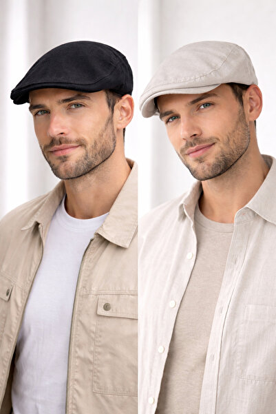 HatClub Exclusive طقم قبعات رجالية مسطحة مكون من قطعتين باللونين الأسود والبي...
