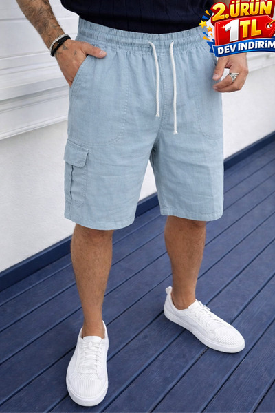 DAMGA JEANS Ανδρικό σορτς από λινό σε ανοιχτό μπλε χρώμα με πολλές τσέπες car...