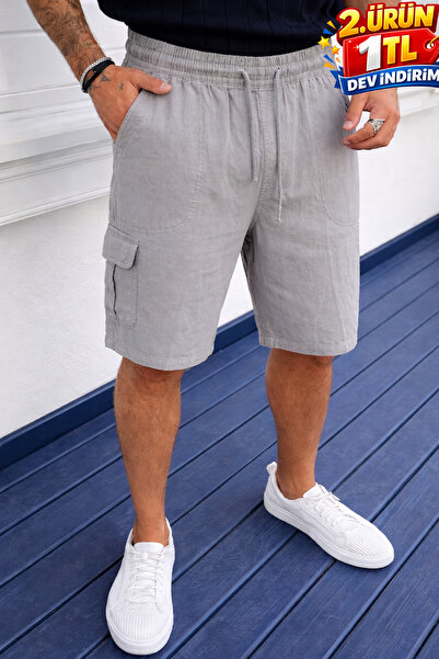 DAMGA JEANS Ανδρικό σορτς από λινό πέτρινο ύφασμα με χαλαρές τσέπες cargo, κα...