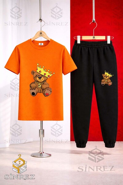 SİNREZ Set de trening unisex pentru copii, cu tricou imprimat cu ursuleț și c...