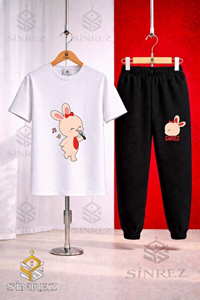 SİNREZ Unisex Kids' Tavsan Microphone Printed T-Shirt and Sweatpants Set