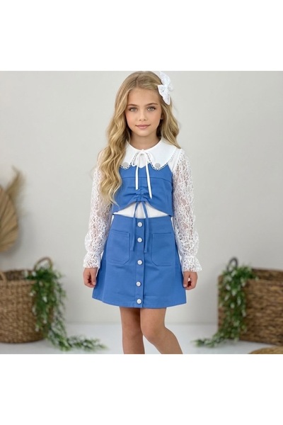 nisaykids طقم تنورة وبلوزة وسترة وياقة للأطفال البنات