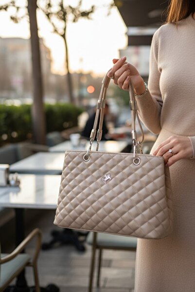 enoch Women's Leather Diamond Quilted Patterned Shoulder Bag with Metallic De...