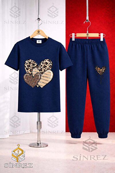 SİNREZ Unisex Kids Hearts Leopard Pattern Printed T-Shirt and Sweatpants Set